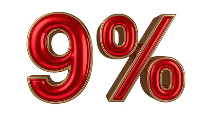 3D Render of Red and Gold 9% Sign, Discount Symbol, Percentage, Sale