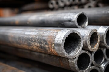 Stack of weathered industrial steel pipes in a warehouse.