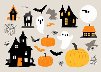 Cute Halloween vector illustration set with ghosts pumpkins and haunted houses.