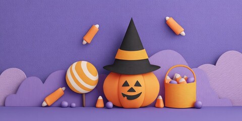 3D rendering of a Halloween jack-o-lantern with witch hat and candy.