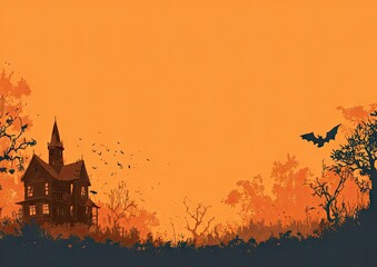 Spooky Halloween background with a haunted house and flying bat.