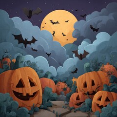 Spooky Halloween Night with Jack O Lanterns and Bats.