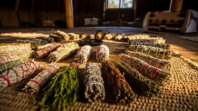 Bundled herbs, tied with string, are arranged on a woven mat in warm light indoors