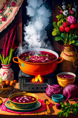 Rustic cooking setup featuring a steaming pot of beetroot soup on a stove, adorned with colorful vegetables and floral decorations, evoking a warm and traditional culinary aesthetic.