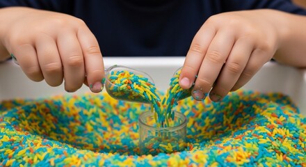 Childs Hands Playing with Colorful Sensory Rice in a Bin.