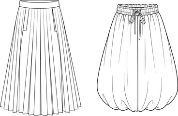 Skirt technical drawing, pleated skirt vector, bubble hem skirt sketch, fashion CAD design, flat sketch, sewing pattern template, digital fashion illustration, skirt design CAD, 