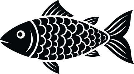 Stylized fish illustration, black and white vector, detailed scales, bold fins, aquatic animal design, symmetrical silhouette, fishing icon, branding, wildlife art