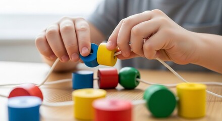 Childs Hands Playing with Colorful Wooden Beads.