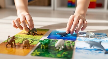 Childs Hands Playing with Animal Figurines on Habitat Mats.