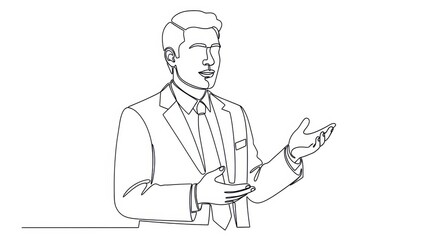 Continuous line drawing of a businessman giving a presentation or speech, gesturing with his hands.