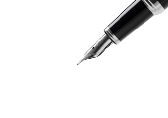Elegant dark fountain pen with silver nib over a crisp handdrawn "@" on transparent paper, soft studio light, ample copy space, ultra-shallow DOF. Concept of modern digital communication
