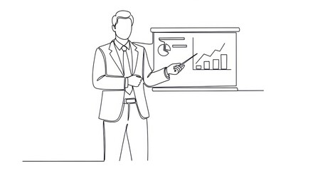 Continuous line drawing of a businessman giving a presentation with a pointer.