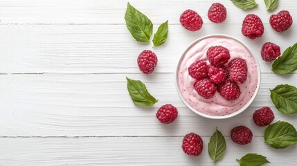 Creamy raspberry yogurt topped with fresh raspberries and green mint leaves on a rustic wooden background