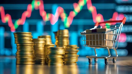 Stacked Gold Coins and Shopping Cart with Stock Market Graph Lines in Blurred Background