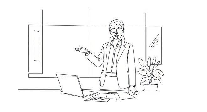Professional businesswoman giving a presentation in a minimalist office line drawing.