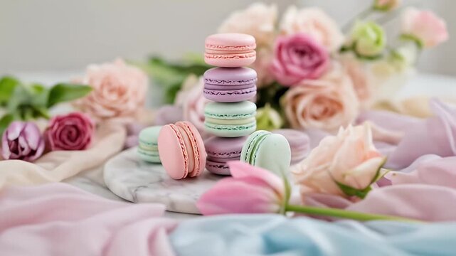 A stack of pastel macarons with flowers on marble and draped pastel silk fabrics
