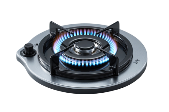 A circular gas burner, silver-colored, with blue flames