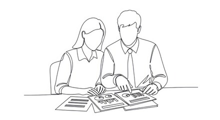 Continuous line drawing of two business colleagues discussing documents.