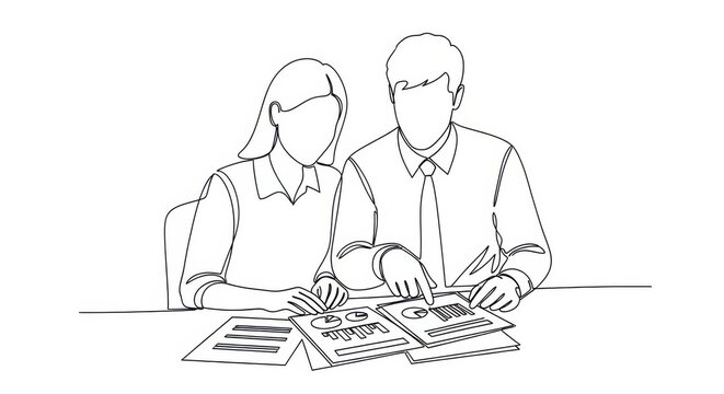Continuous line drawing of two business colleagues discussing documents.