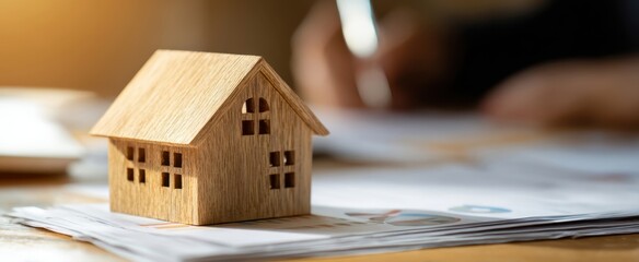 The house model on financial documents representing real estate investment mortgage and planning decisions