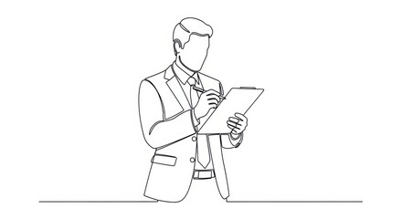 Continuous one line drawing of a businessman in a suit writing on a clipboard.
