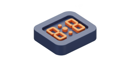 Isometric 3d digital clock icon showing 8888 time isolated on transparent background