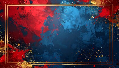 Vivid red & blue paint splatters with gold flecks on dark backdrop, framed with thin gold border