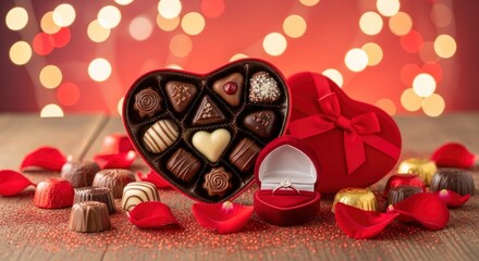 Romantic display with a heart-shaped box of chocolates, an engagement ring, and red rose petals on a glittery wooden surface, perfect for Valentine's Day or a proposal.