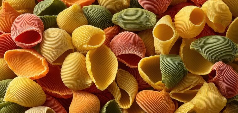 The Colorful Conchiglie Pasta Shells Pile: Closeup of Multicolored Uncooked Italian Pasta Texture