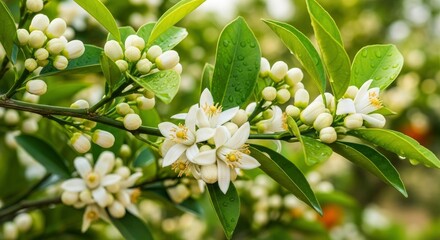 Fototapeta premium Close-up of delicate white citrus blossoms and buds on a branch with vibrant green leaves, some adorned with fresh water droplets, against a soft, blurred background.