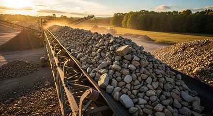 Conveyor belt transports piles of rocks and stones in a quarry at sunset golden hour