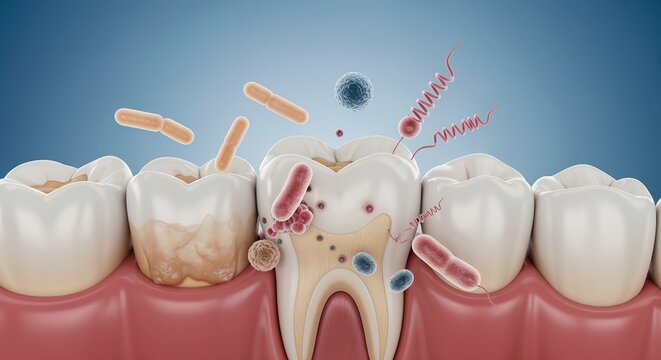 Illustration of dental caries formation and its microbial contributors on a human tooth