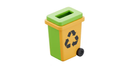 3d render of a yellow and green recycling bin isolated on transparent background