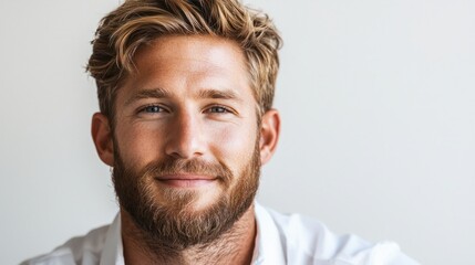 Obraz premium Confident young man with beard smiling at camera in modern indoor setting, portraying happiness and positivity in lifestyle image