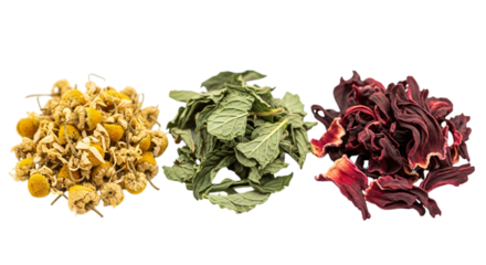 Three piles of dried tea leaves isolated on transparent background