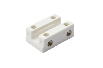 White plastic connector detail shot on white background, industrial part, engineering