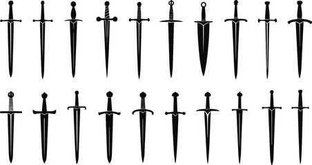 Medieval fantasy swords illustration, double-edged and single-edged blades, European style daggers, historical weapons icons isolated on white background.