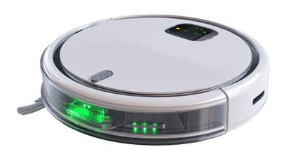 Fototapeta premium White, round robot vacuum cleaner with translucent parts and green LEDs