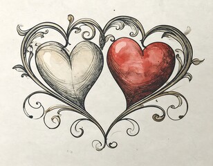 Two hearts framed by ornate swirls
