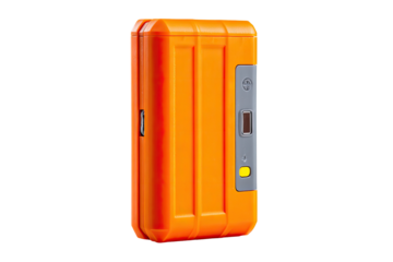 Orange portable device, charging, studio, black background, technology