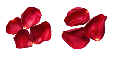 Two clusters of vibrant red rose petals, isolated against black background