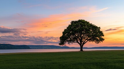 Obraz premium Majestic solitary tree on a serene lakeside at sunset, with vibrant colors reflecting off the water and a tranquil landscape in the background