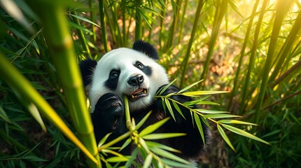 Giant Panda Eating Bamboo Leaves in Dense Forest with Sunlight Filtering Through Green Stalks
