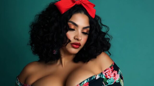 A model poses confidently in a colorful floral outfit with a striking red bow in a studio with a solid backdrop