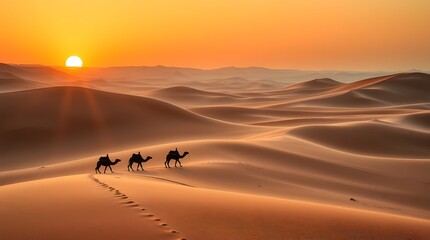 Three Camels Walking Across Sunset Desert Dunes with Long Shadows and Footprints in Golden Sand
