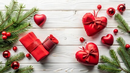 Festive christmas composition with red heart ornaments, gift boxes, and evergreen branches on a rustic white wooden background, creating a warm and inviting holiday scene