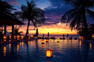 Tropical resort swimming pool at sunset with glowing lanterns floating on water, palm trees framing scene, and vibrant sky creating peaceful and warm atmosphere