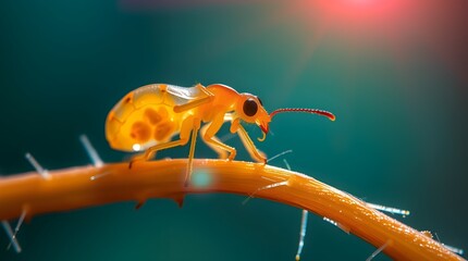 Macro Shot of Translucent Orange Beetle on Hairy Stem with Teal-Red Gradient and Dramatic Lighting