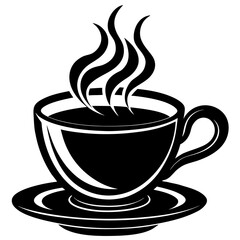 Stylized black and white illustration of a steaming cup of coffee on a saucer representing warmth and morning beverages