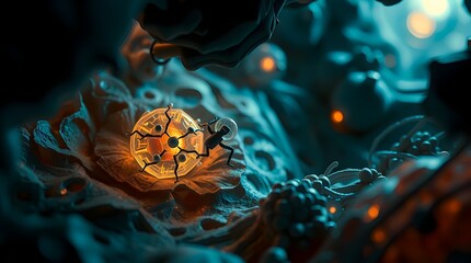 Surreal Microscopic Scene with Glowing Orange Sphere, Humanoid Figure, and Futuristic Organic Structures